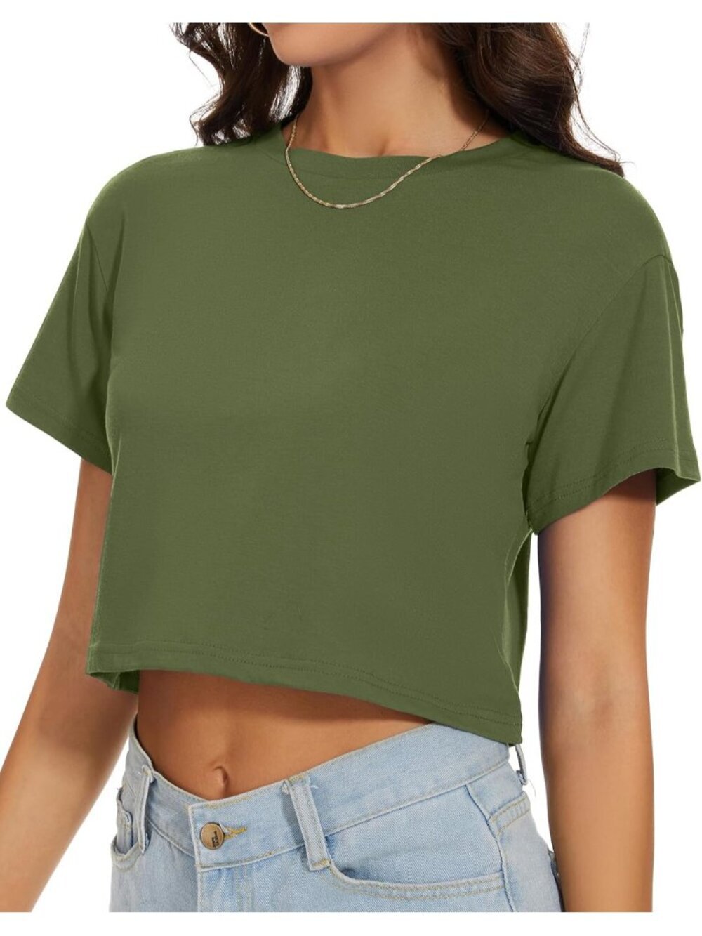 〽️Women's Army Green Short Sleeve Round Neck Loose Fit Casual Summer Crop Tops